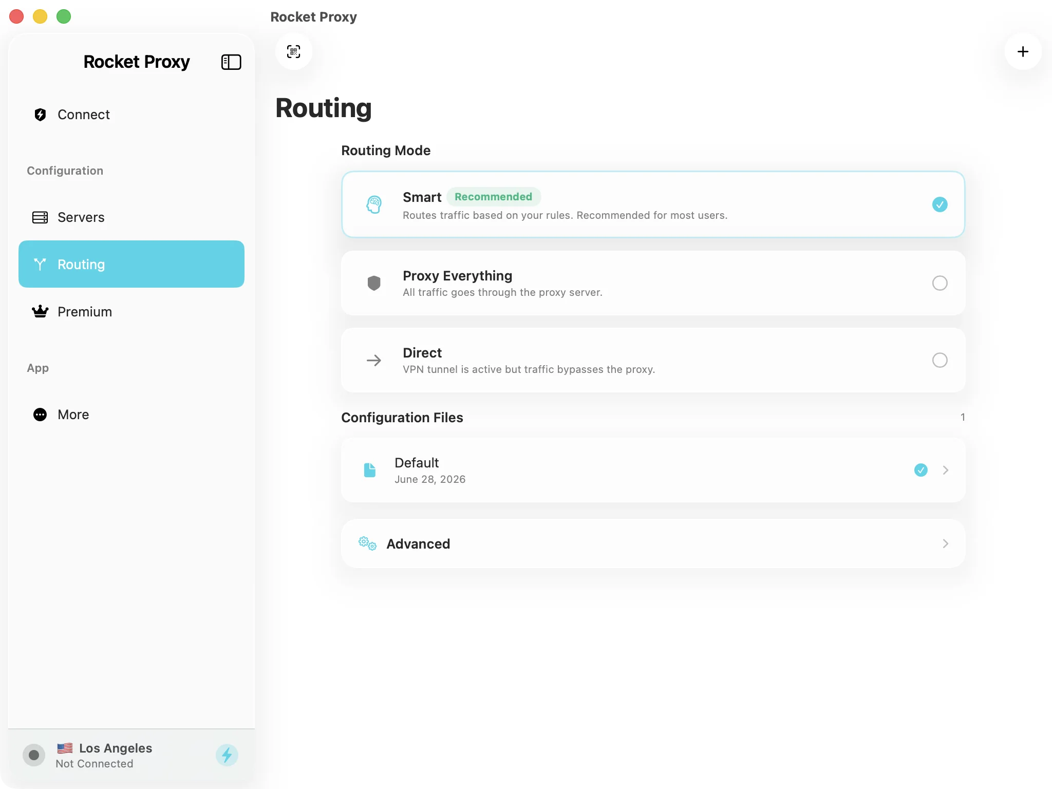 Rocket Proxy for Mac Routing screen